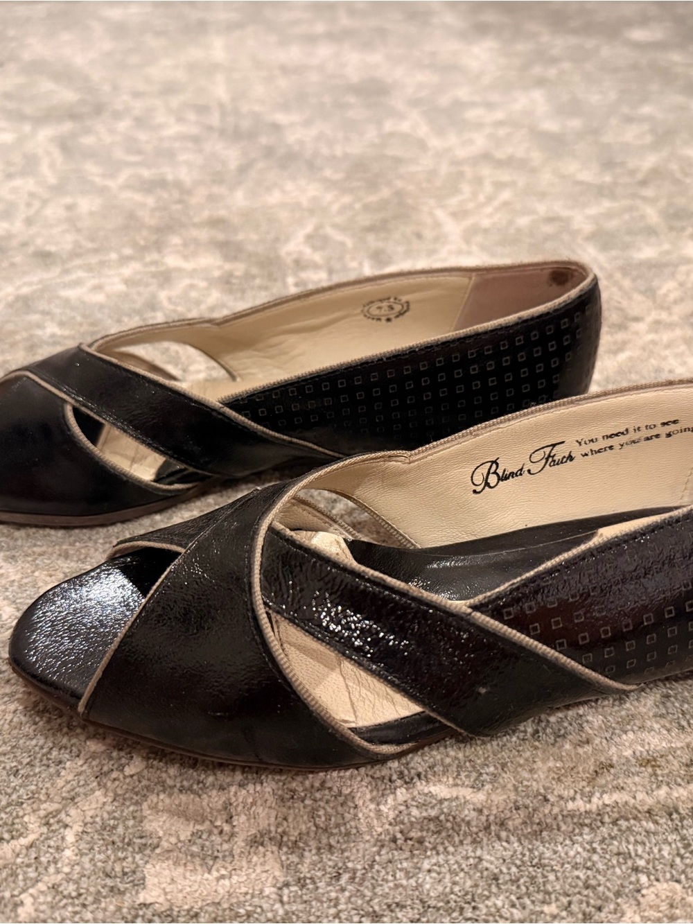 John Fluevog Black Patent Crisscross Peep-Toe Flats